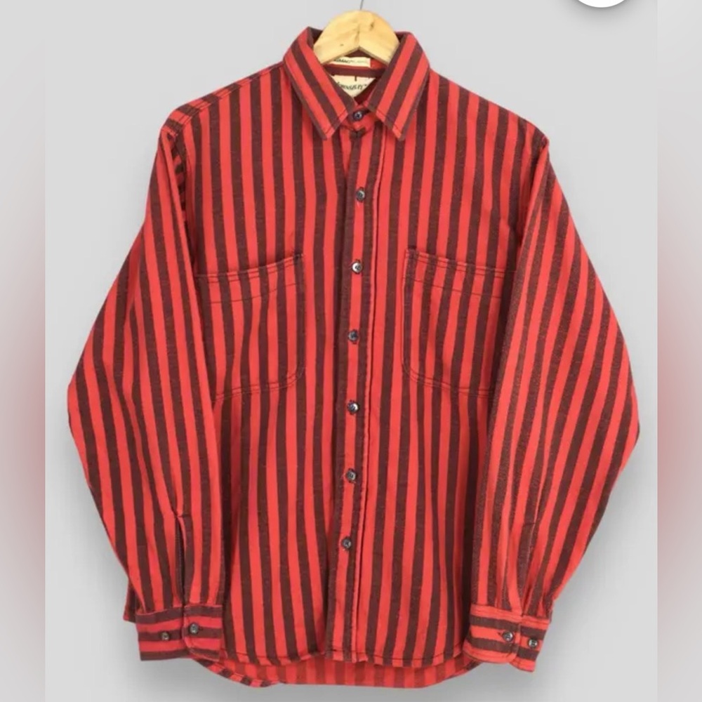 Vintage St Johns Bay Vertical Stripes Flannel Thick Shirt 1990s Oxfords Size L